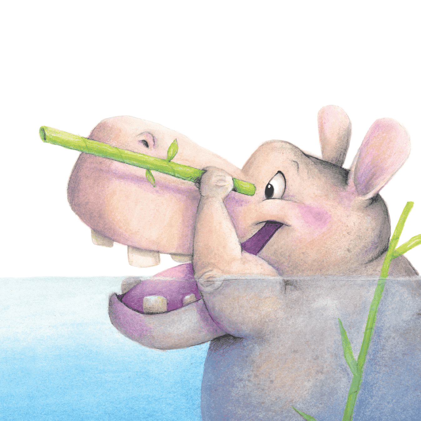 illustrated Hoke the Hippo looking through a bamboo telescope